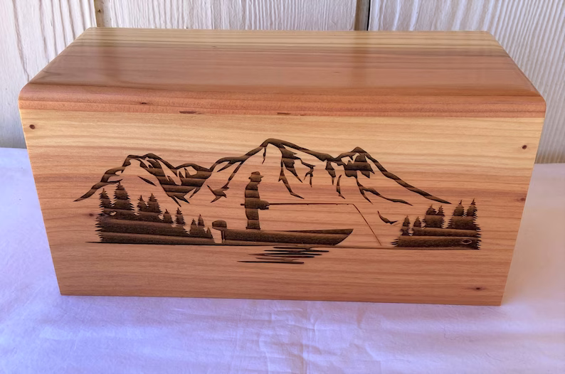 Adult Red Wood Cremation Urn - Nature/Fishing/Wilderness/Lake, Name Engraved Optional