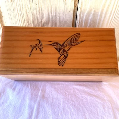 Adult Red Wood Cremation Urn - Humming Bird