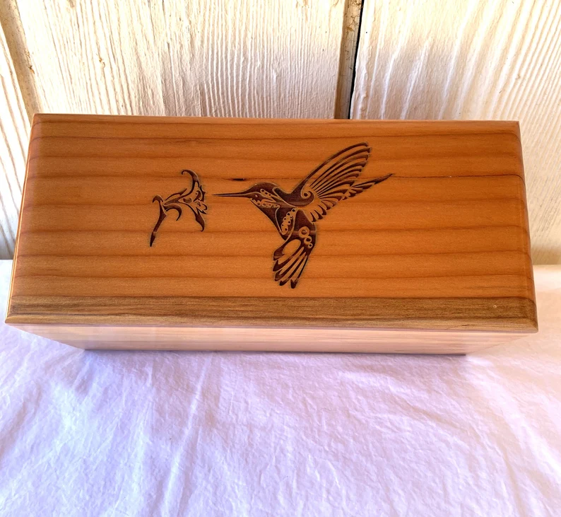 Adult Red Wood Cremation Urn - Humming Bird