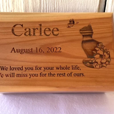 Medium Wood Cat Cremation Urn - Feline Wood Cremation Urn