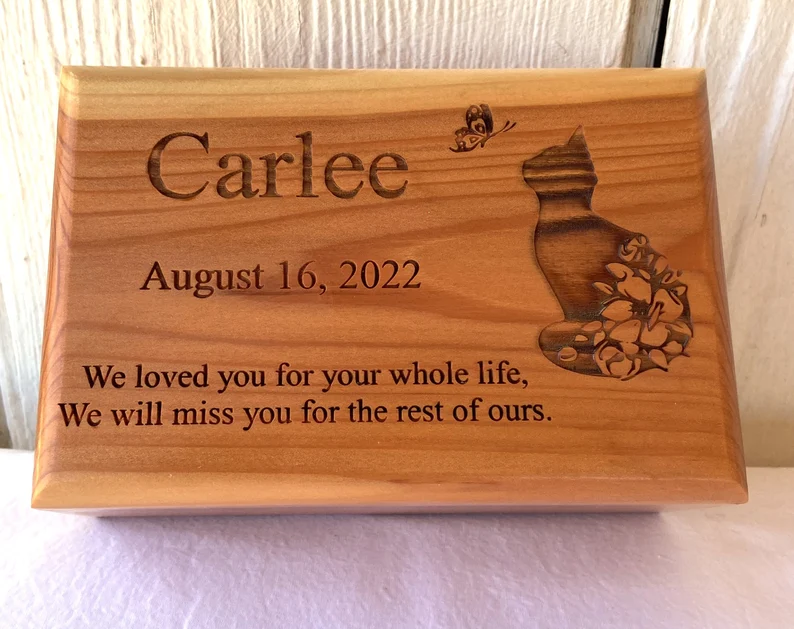 Medium Wood Cat Cremation Urn - Feline Wood Cremation Urn