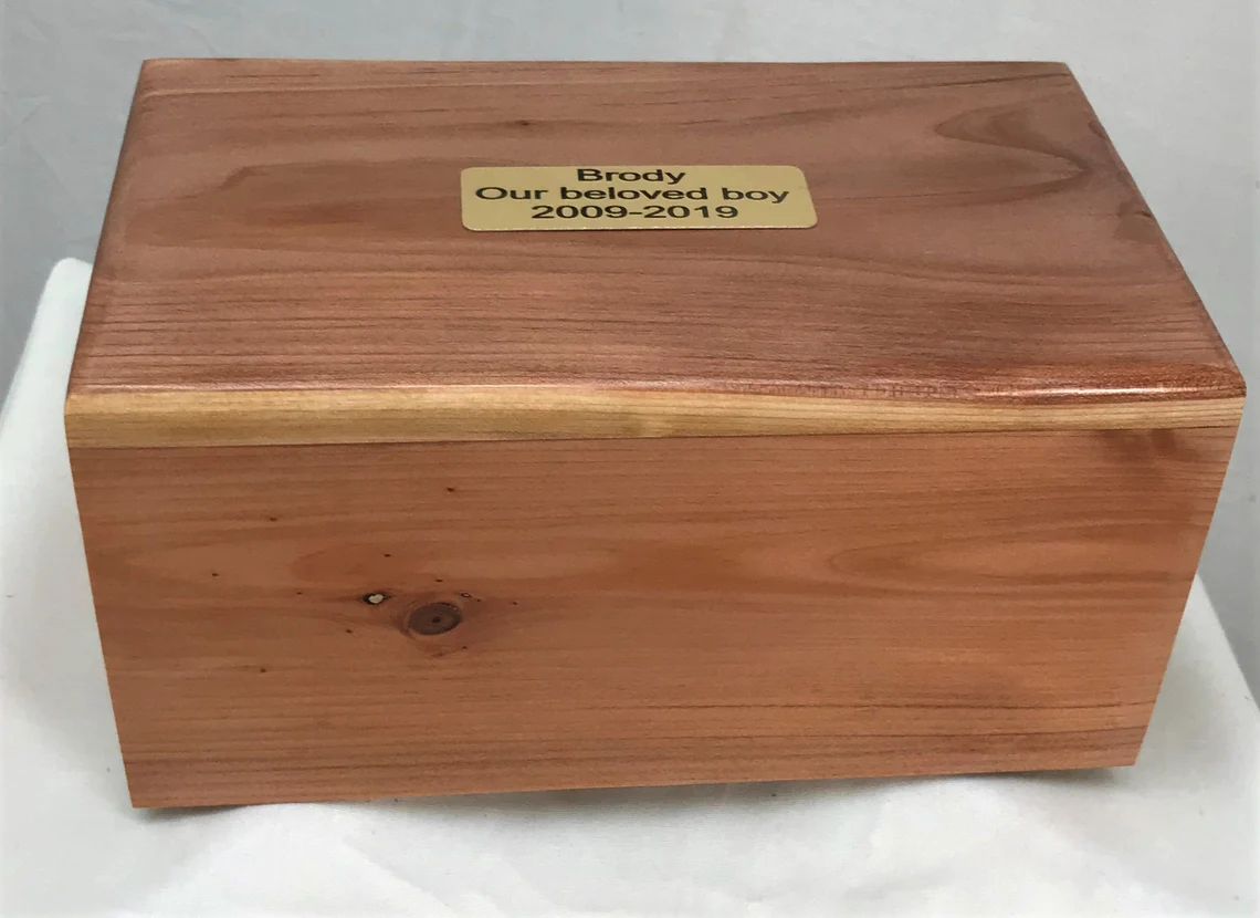 Extra Large Redwood Pet Cremation Urn with Pesonalized Plaque