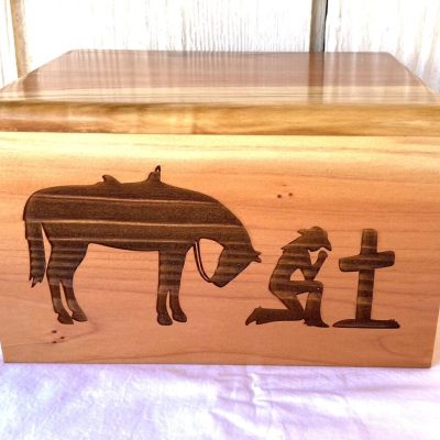 Adult Wood Cremation Urn - Cowgirl Kneeling Cross Horse