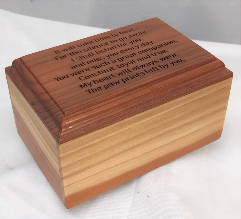 Small Wood Pet Cremation Urn with Laser Engraved Poem