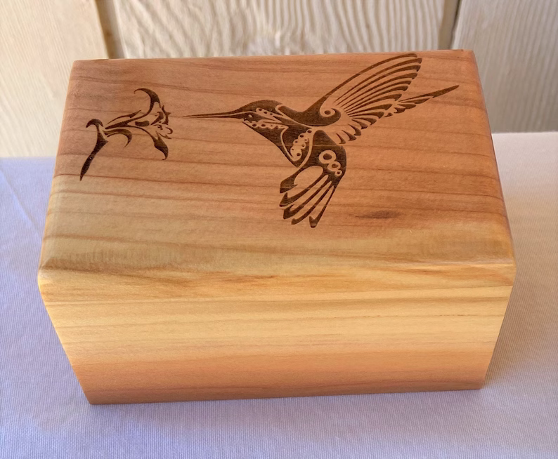 Small Redwood Pet Cremation Urn Humming Bird Laser Engraved