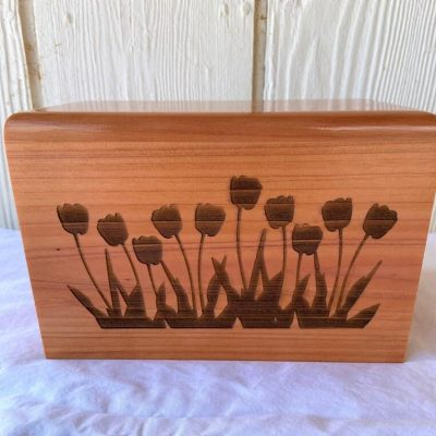 Small Adult Wood Cremation Urn with Tulip Flowers with Optional Engraving on Top