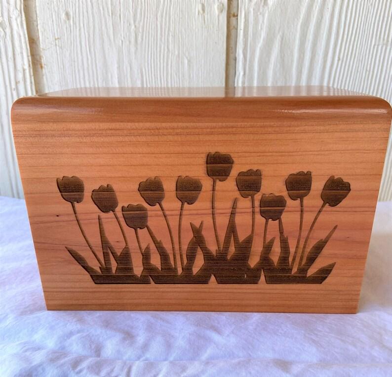 Small Adult Wood Cremation Urn with Tulip Flowers